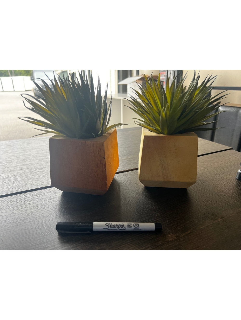 Set of 2 Artificial Succulent Plants in Wooden Cube Planters Faux Greenery Decor